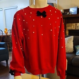 Girl's Chic Red Sweatshirt with Pearl and Bow Details